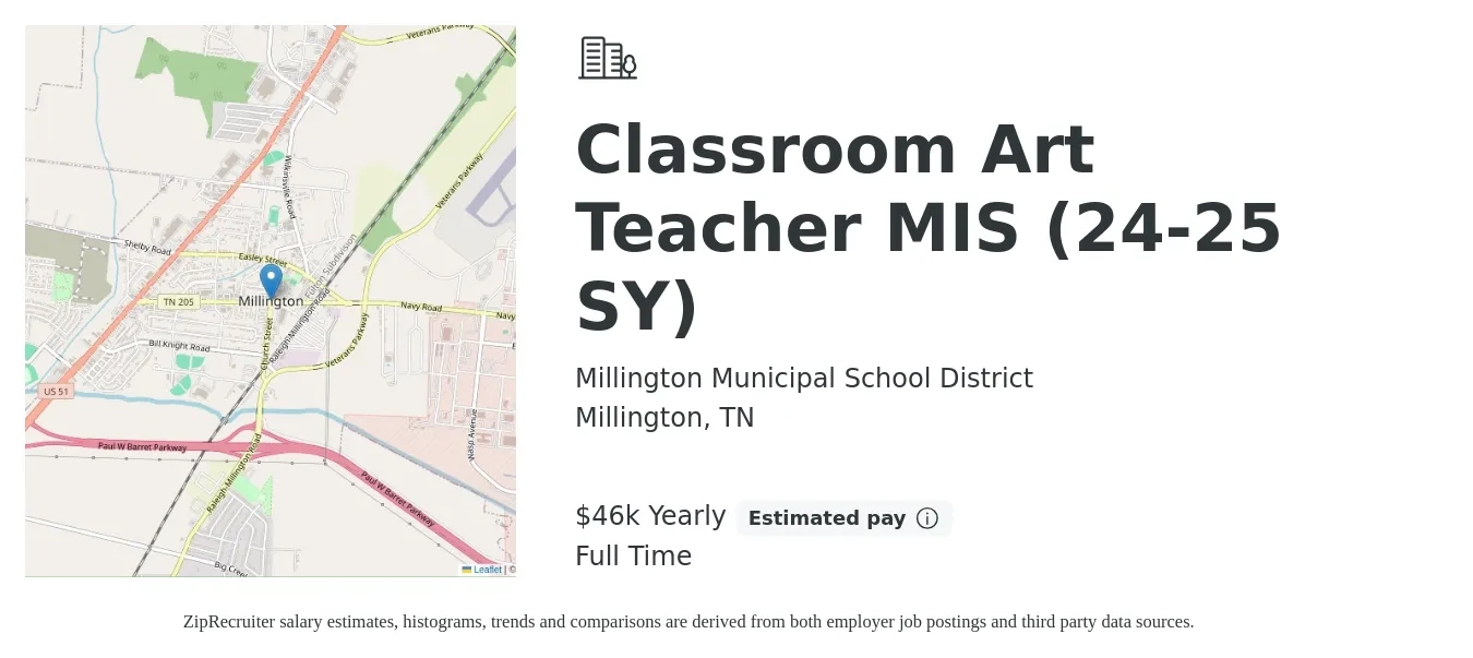 Millington Municipal School District job posting for a Classroom Art Teacher MIS (24-25 SY) in Millington, TN with a salary of $46,283 to $69,717 Yearly with a map of Millington location.