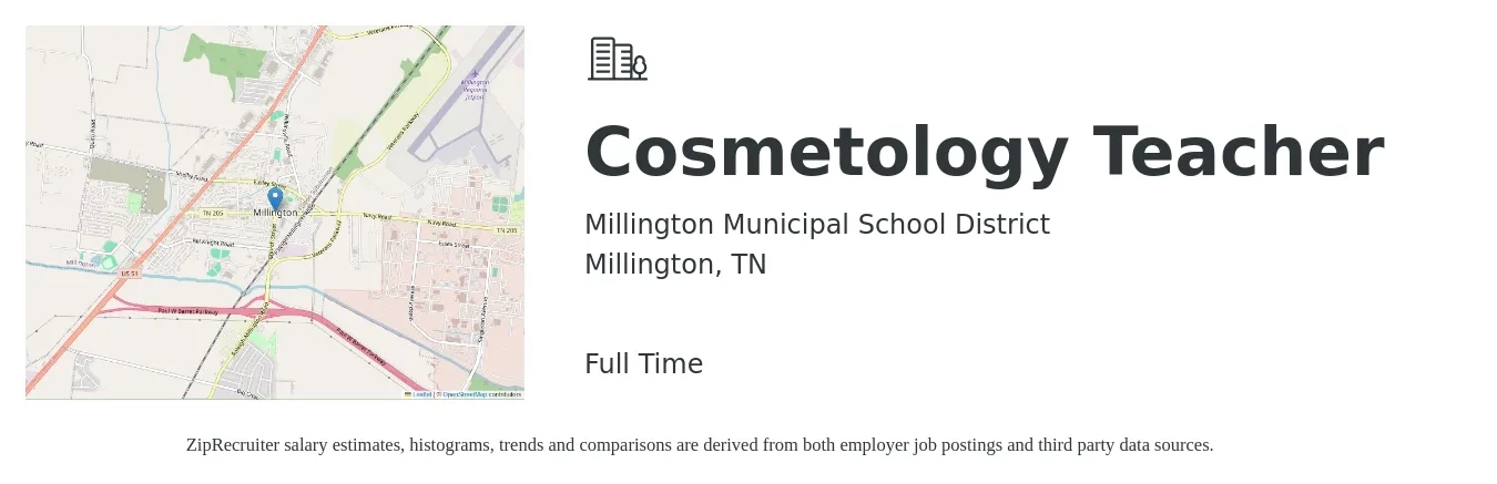 Millington Municipal School District job posting for a Cosmetology Teacher in Millington, TN with a salary of $18 to $23 Hourly with a map of Millington location.