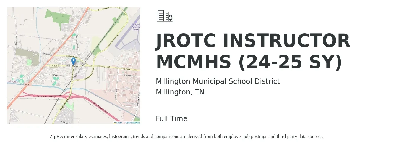 Millington Municipal School District job posting for a JROTC INSTRUCTOR MCMHS (24-25 SY) in Millington, TN with a salary of $15 to $20 Hourly with a map of Millington location.