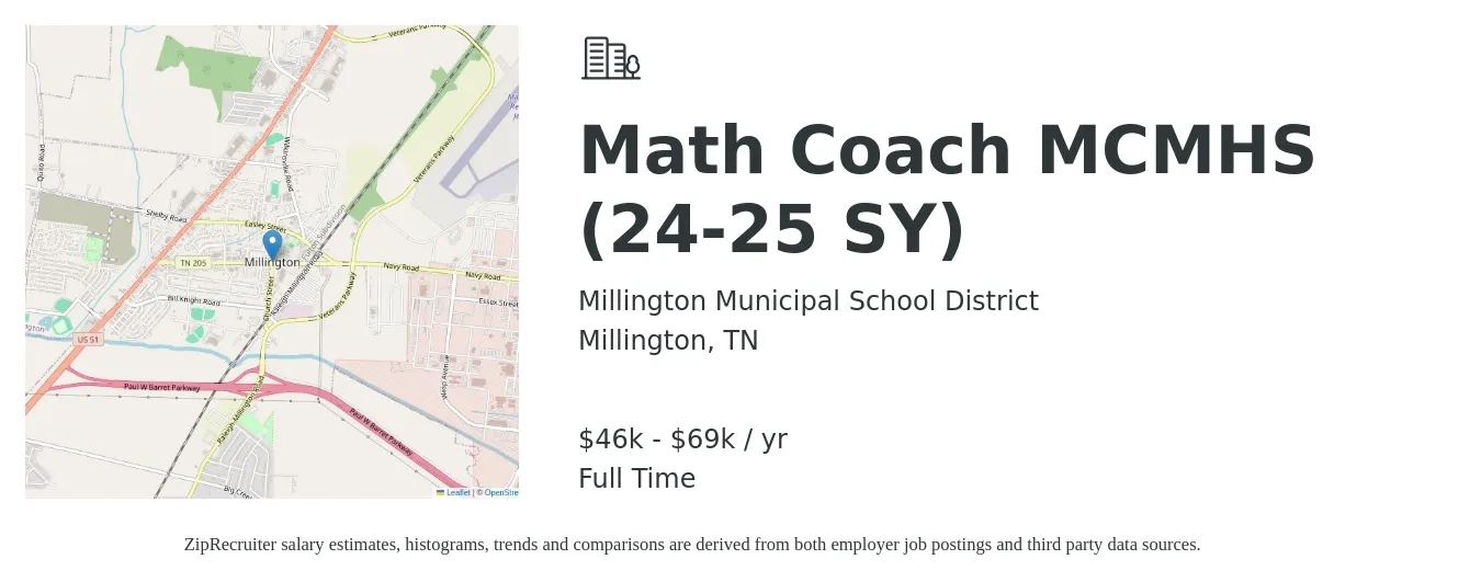 Millington Municipal School District job posting for a Math Coach MCMHS (24-25 SY) in Millington, TN with a salary of $46,283 to $69,717 Yearly with a map of Millington location.