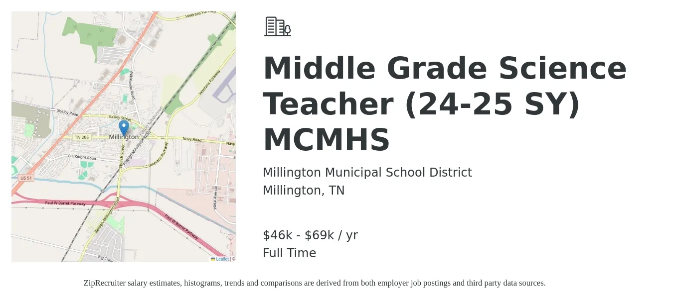 Millington Municipal School District job posting for a Middle Grade Science Teacher (24-25 SY) MCMHS in Millington, TN with a salary of $46,283 to $69,717 Yearly with a map of Millington location.