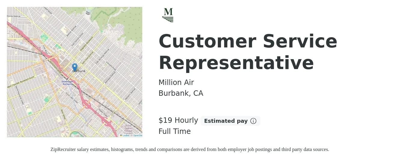 Million Air job posting for a Customer Service Representative in Burbank, CA with a salary of $20 Hourly with a map of Burbank location.