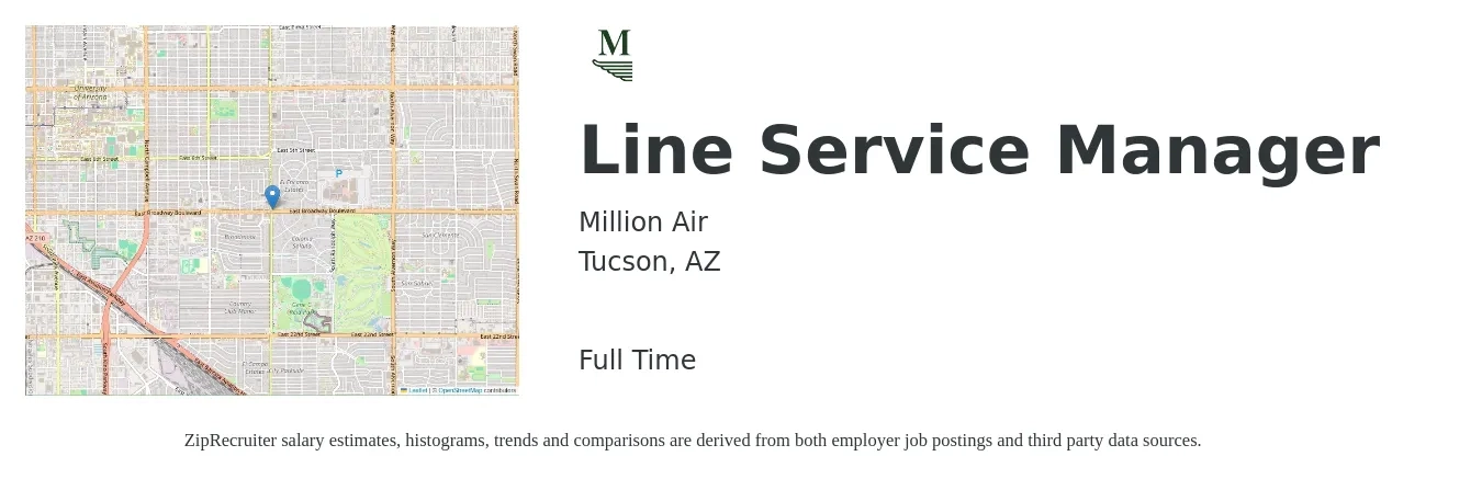 Million Air job posting for a Line Service Manager in Tucson, AZ with a salary of $14 to $16 Hourly with a map of Tucson location.