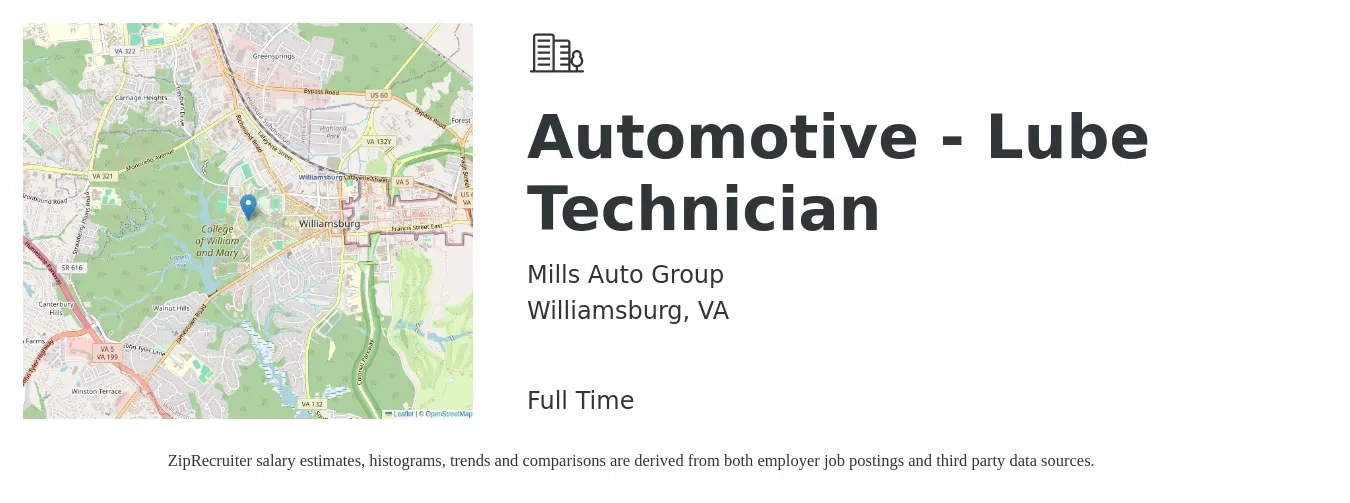 Mills Auto Group job posting for a Automotive - Lube Technician in Williamsburg, VA with a salary of $14 to $18 Hourly with a map of Williamsburg location.