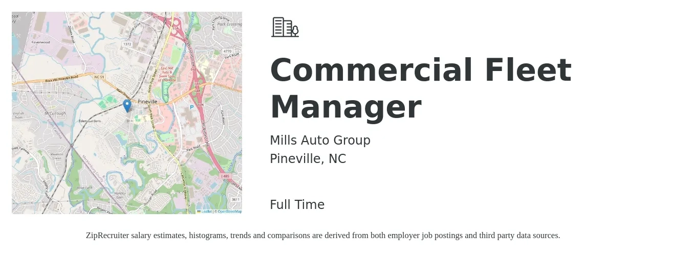 Mills Auto Group job posting for a Commercial Fleet Manager in Pineville, NC with a salary of $50,800 to $86,400 Yearly with a map of Pineville location.