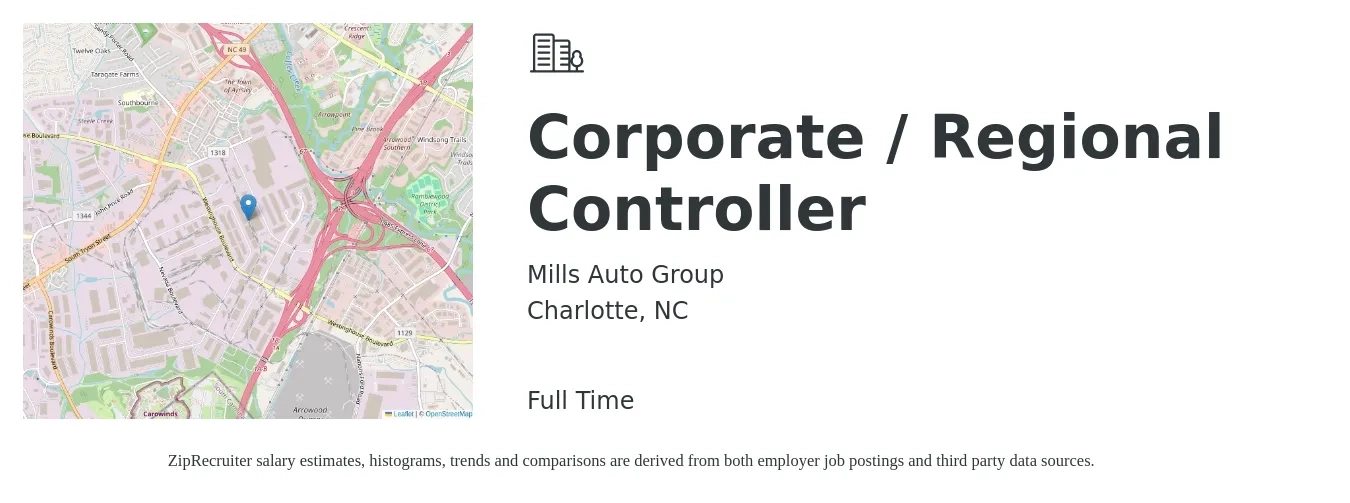 Mills Auto Group job posting for a Corporate / Regional Controller in Charlotte, NC with a salary of $91,800 to $131,900 Yearly with a map of Charlotte location.