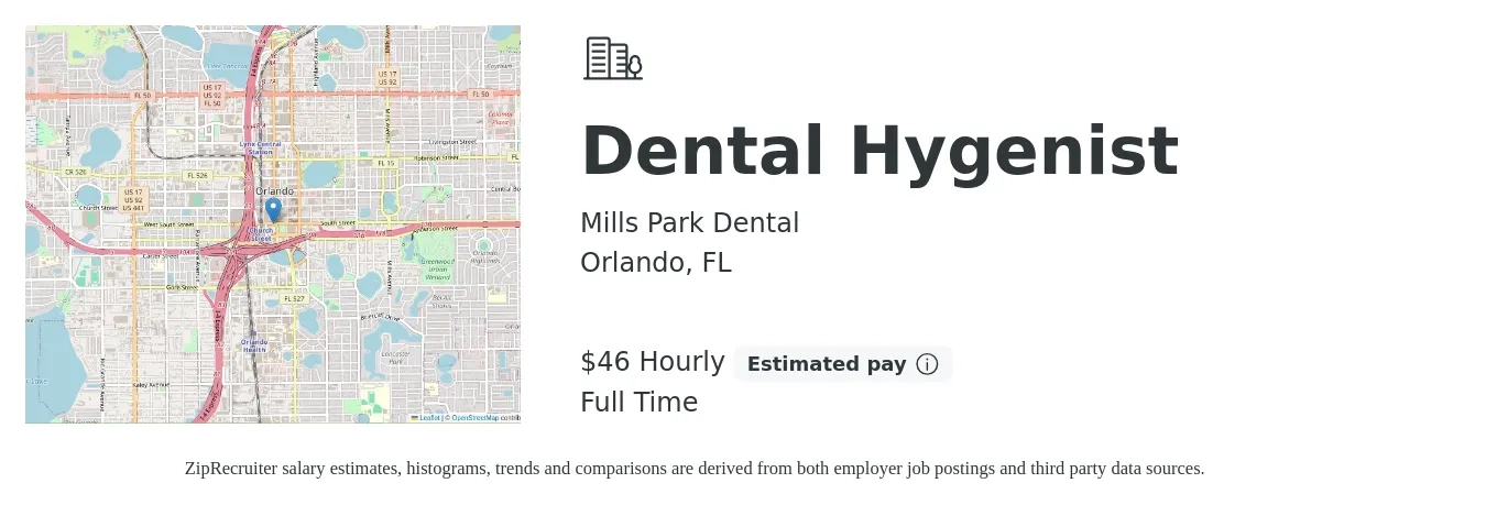 Mills Park Dental job posting for a Dental Hygenist in Orlando, FL with a salary of $48 Hourly with a map of Orlando location.
