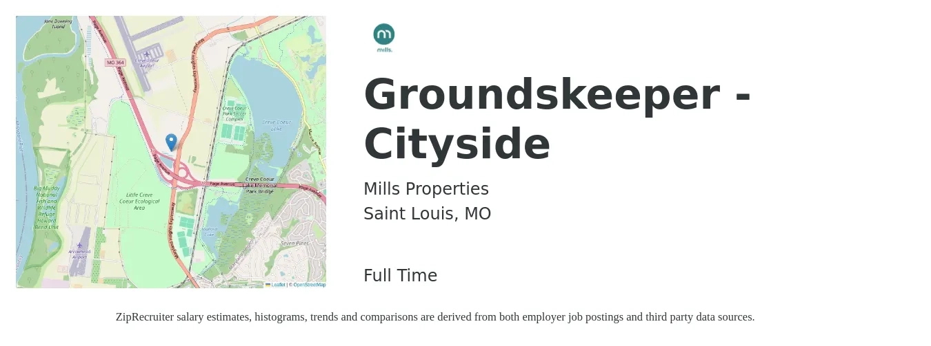 Mills Properties job posting for a Groundskeeper - Cityside in Saint Louis, MO with a salary of $16 to $17 Hourly with a map of Saint Louis location.
