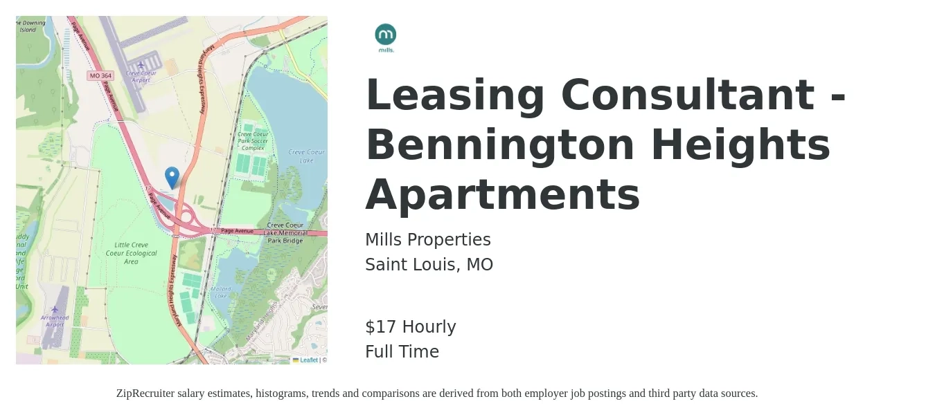 Mills Properties job posting for a Leasing Consultant - Bennington Heights Apartments in Saint Louis, MO with a salary of $18 Hourly with a map of Saint Louis location.