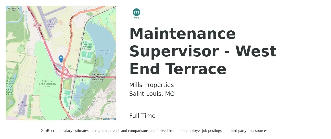 Mills Properties job posting for a Maintenance Supervisor - West End Terrace in Saint Louis, MO with a salary of $22 to $36 Hourly with a map of Saint Louis location.