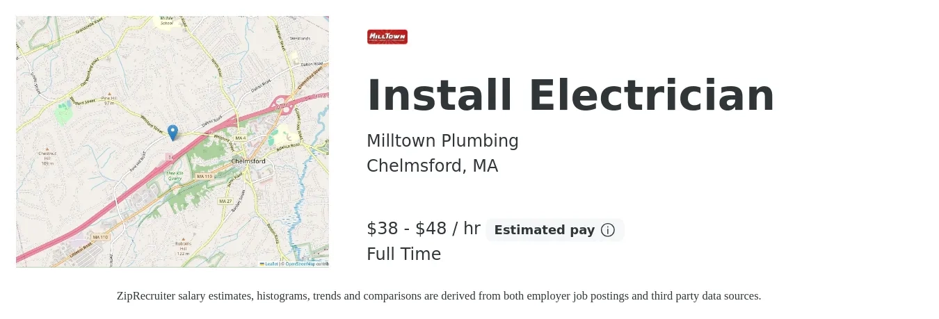 Milltown Plumbing job posting for a Install Electrician in Chelmsford, MA with a salary of $40 to $50 Hourly with a map of Chelmsford location.