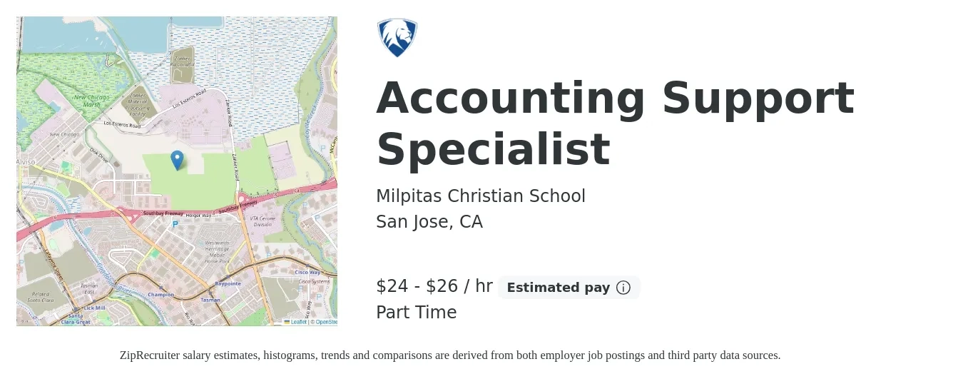 Milpitas Christian School job posting for a Accounting Support Specialist in San Jose, CA with a salary of $25 to $28 Hourly with a map of San Jose location.