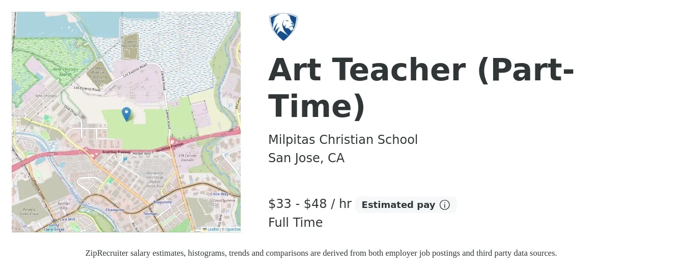 Milpitas Christian School job posting for a Art Teacher (Part-Time) in San Jose, CA with a salary of $35 to $50 Hourly with a map of San Jose location.