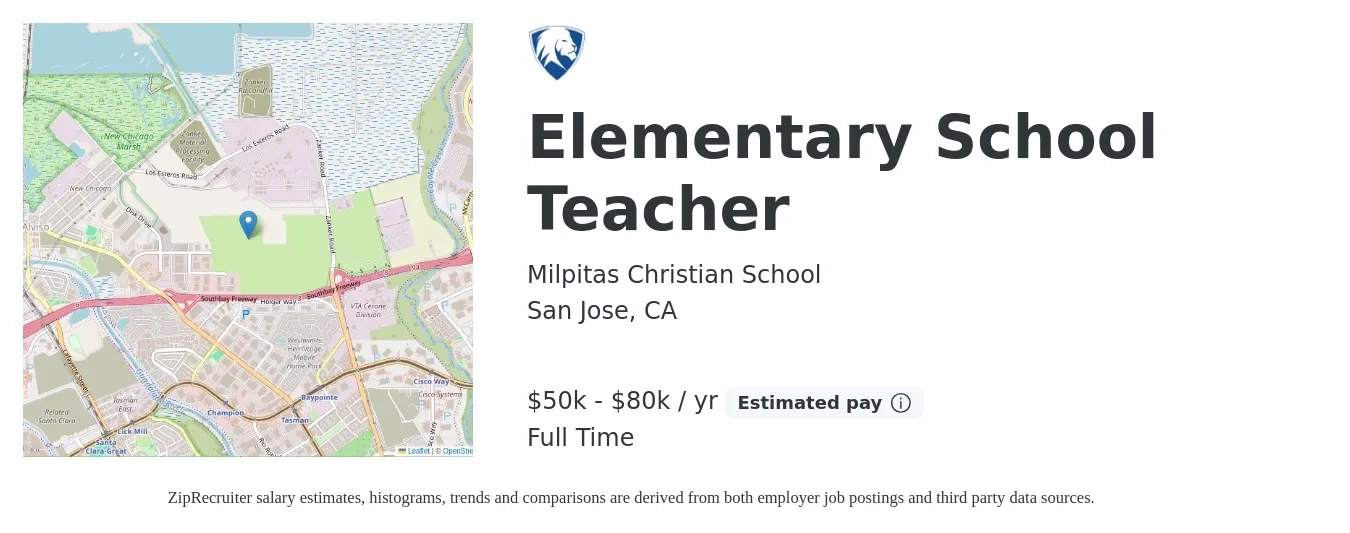 Milpitas Christian School job posting for a Elementary School Teacher in San Jose, CA with a salary of $50,000 to $80,000 Yearly with a map of San Jose location.