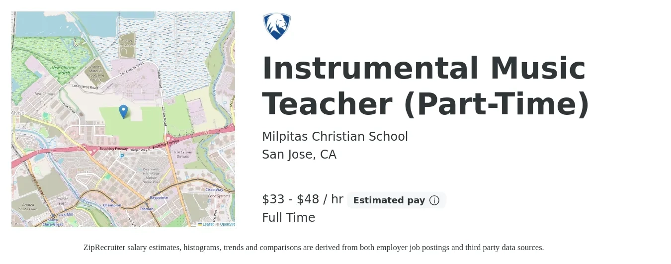 Milpitas Christian School job posting for a Instrumental Music Teacher (Part-Time) in San Jose, CA with a salary of $35 to $50 Hourly with a map of San Jose location.