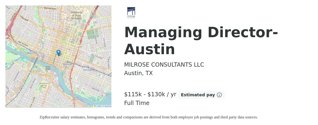 MILROSE CONSULTANTS LLC job posting for a Managing Director- Austin in Austin, TX with a salary of $115,000 to $130,000 Yearly with a map of Austin location.