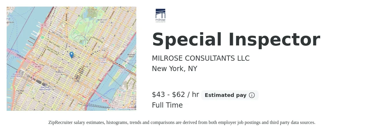 MILROSE CONSULTANTS LLC job posting for a Special Inspector in New York, NY with a salary of $45 to $65 Hourly with a map of New York location.