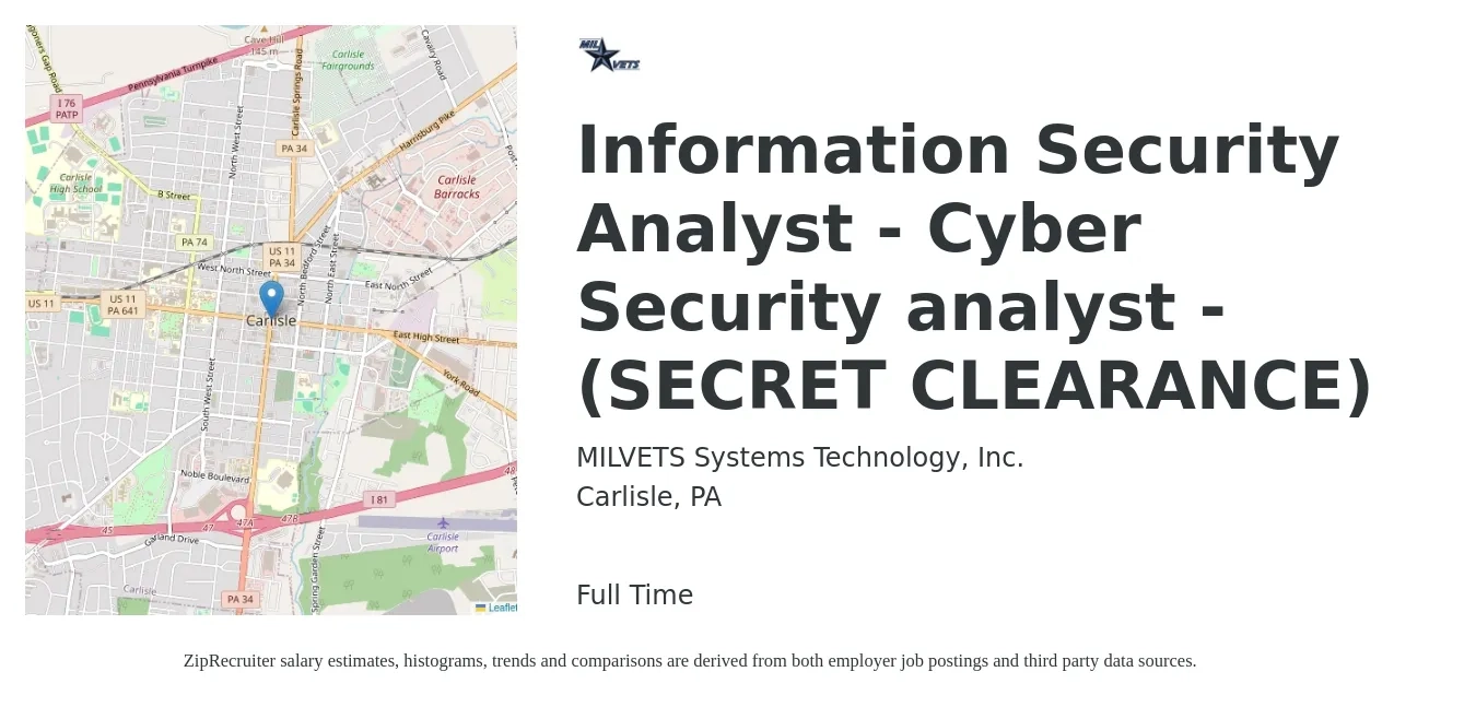 MILVETS Systems Technology, Inc. job posting for a Information Security Analyst - Cyber Security analyst - (SECRET CLEARANCE) in Carlisle, PA with a salary of $77,400 to $112,400 Yearly with a map of Carlisle location.