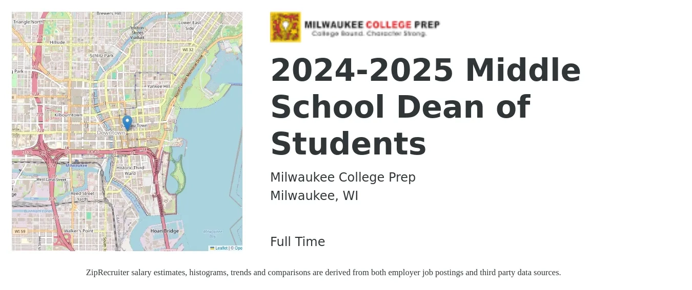 Milwaukee College Prep job posting for a 2024-2025 Middle School Dean of Students in Milwaukee, WI with a salary of $54,100 to $89,900 Yearly with a map of Milwaukee location.