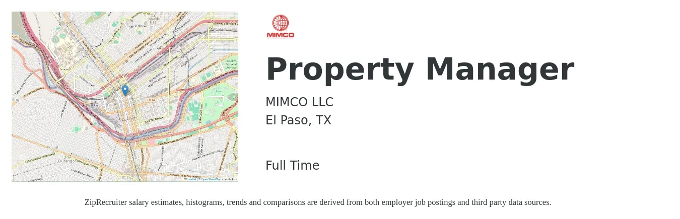 MIMCO LLC job posting for a Property Manager in El Paso, TX with a salary of $39,900 to $61,700 Yearly with a map of El Paso location.