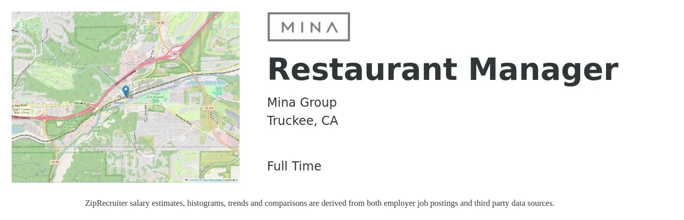 Mina Group job posting for a Restaurant Manager in Truckee, CA with a salary of $64,000 to $76,000 Yearly with a map of Truckee location.