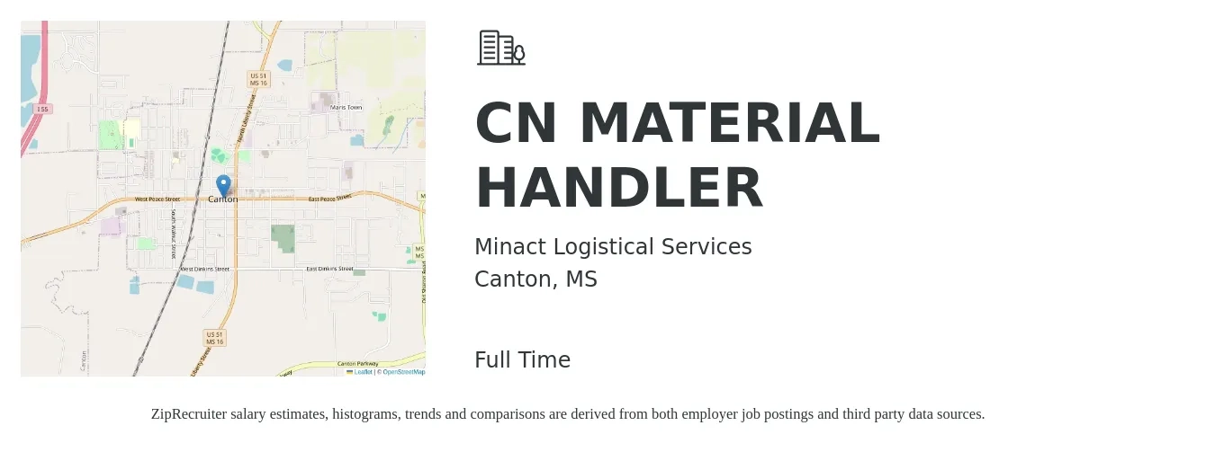 Minact Logistical Services job posting for a CN MATERIAL HANDLER in Canton, MS with a salary of $14 to $17 Hourly with a map of Canton location.