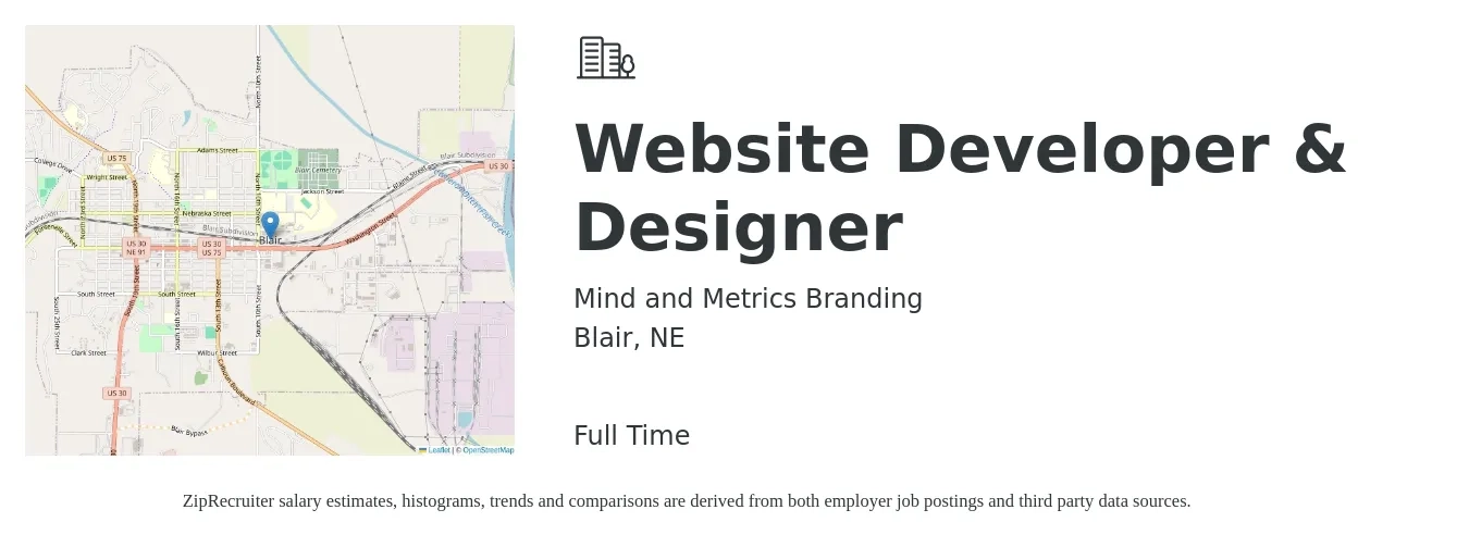 Mind and Metrics Branding job posting for a Website Developer & Designer in Blair, NE with a salary of $52,000 to $84,300 Yearly with a map of Blair location.