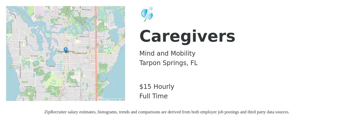 Mind and Mobility job posting for a Caregivers in Tarpon Springs, FL with a salary of $16 Hourly with a map of Tarpon Springs location.