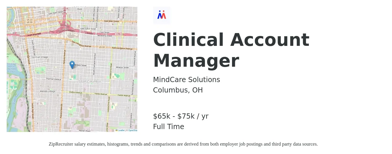 MindCare Solutions job posting for a Clinical Account Manager in Columbus, OH with a salary of $65,000 to $75,000 Yearly with a map of Columbus location.