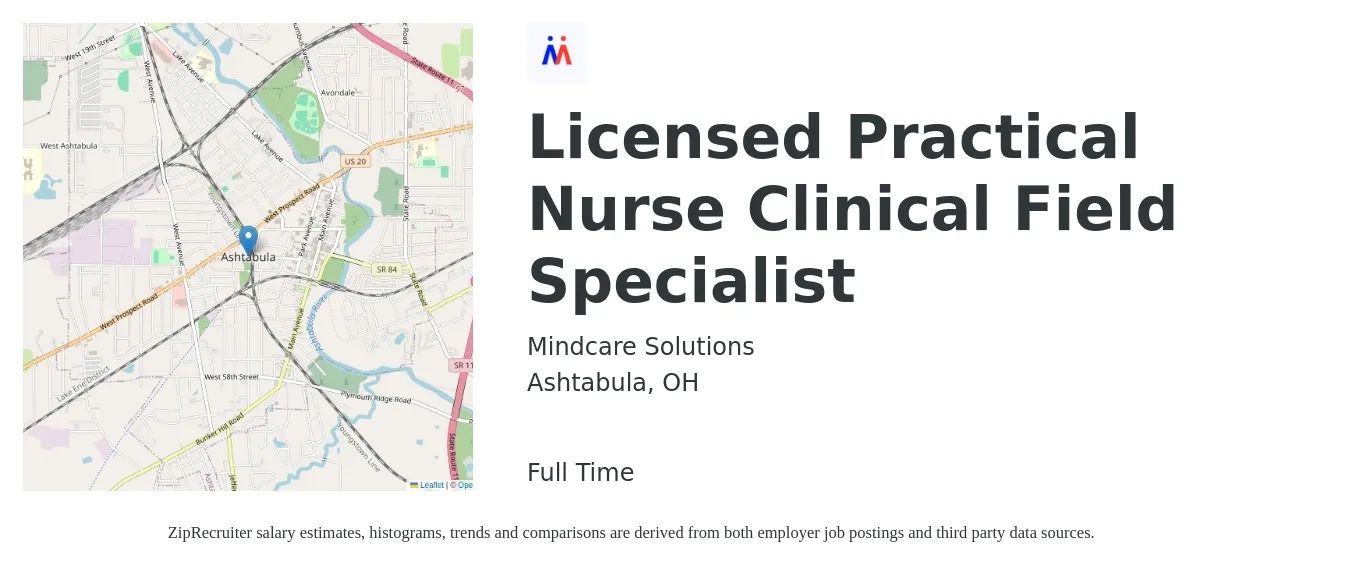 Mindcare Solutions job posting for a Licensed Practical Nurse Clinical Field Specialist in Ashtabula, OH with a salary of $63,800 to $91,100 Yearly with a map of Ashtabula location.