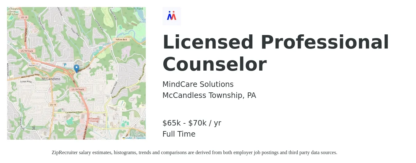 MindCare Solutions job posting for a Licensed Professional Counselor in McCandless Township, PA with a salary of $65,000 to $70,000 Yearly with a map of McCandless Township location.