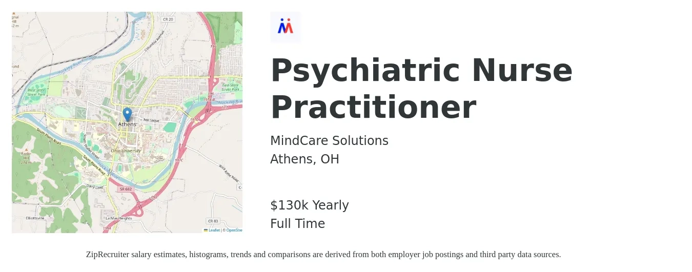 MindCare Solutions job posting for a Psychiatric Nurse Practitioner in Athens, OH with a salary of $130,000 Yearly with a map of Athens location.