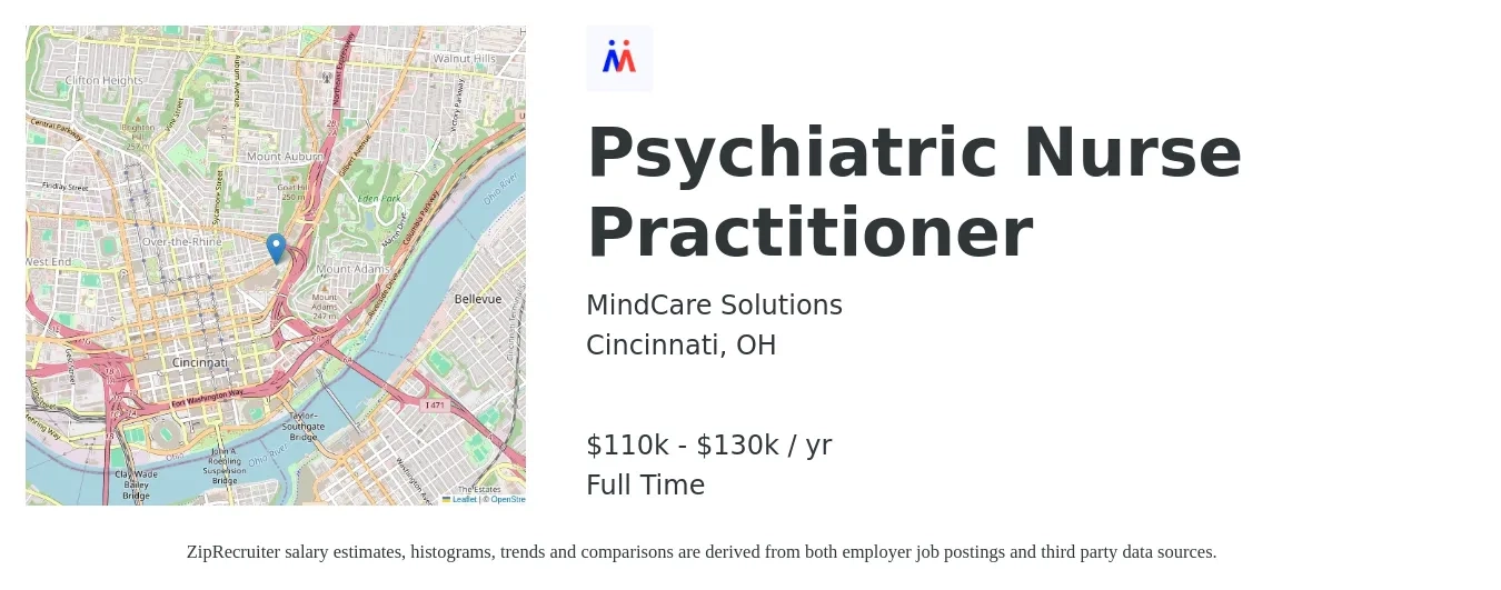 MindCare Solutions job posting for a Psychiatric Nurse Practitioner in Cincinnati, OH with a salary of $110,000 to $130,000 Yearly with a map of Cincinnati location.