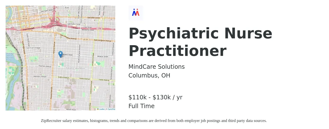 MindCare Solutions job posting for a Psychiatric Nurse Practitioner in Columbus, OH with a salary of $110,000 to $130,000 Yearly with a map of Columbus location.