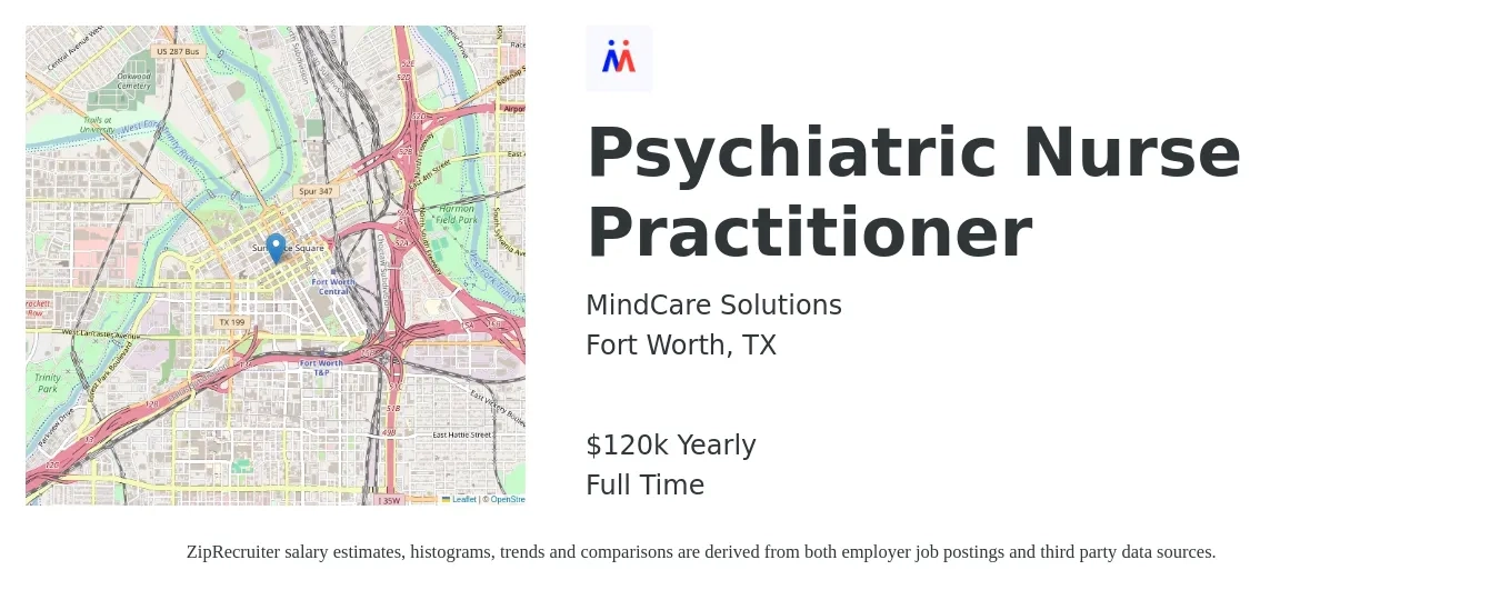 MindCare Solutions job posting for a Psychiatric Nurse Practitioner in Fort Worth, TX with a salary of $120,000 Yearly with a map of Fort Worth location.