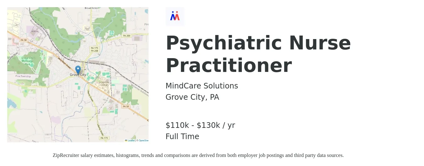 MindCare Solutions job posting for a Psychiatric Nurse Practitioner in Grove City, PA with a salary of $110,000 to $130,000 Yearly with a map of Grove City location.