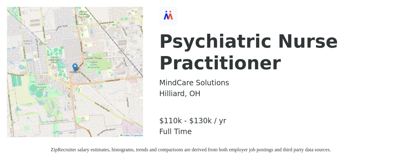 MindCare Solutions job posting for a Psychiatric Nurse Practitioner in Hilliard, OH with a salary of $110,000 to $130,000 Yearly with a map of Hilliard location.