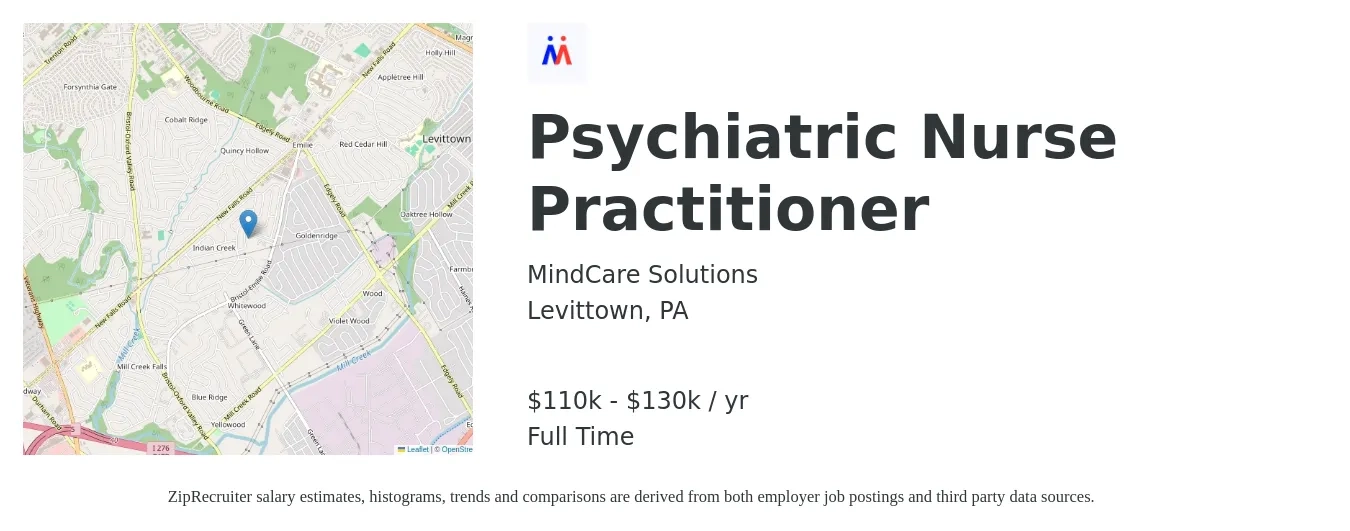 MindCare Solutions job posting for a Psychiatric Nurse Practitioner in Levittown, PA with a salary of $110,000 to $130,000 Yearly with a map of Levittown location.