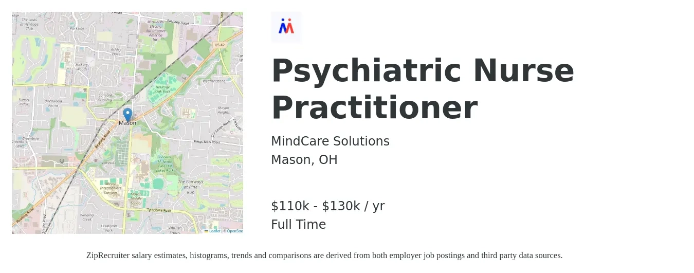 MindCare Solutions job posting for a Psychiatric Nurse Practitioner in Mason, OH with a salary of $110,000 to $130,000 Yearly with a map of Mason location.