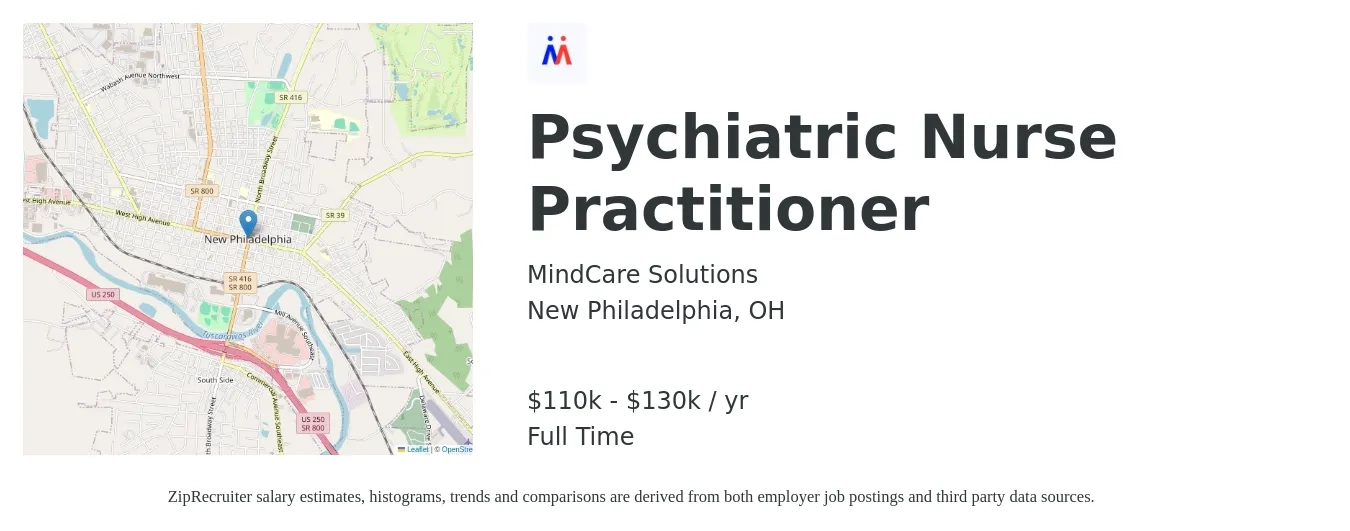 MindCare Solutions job posting for a Psychiatric Nurse Practitioner in New Philadelphia, OH with a salary of $110,000 to $130,000 Yearly with a map of New Philadelphia location.