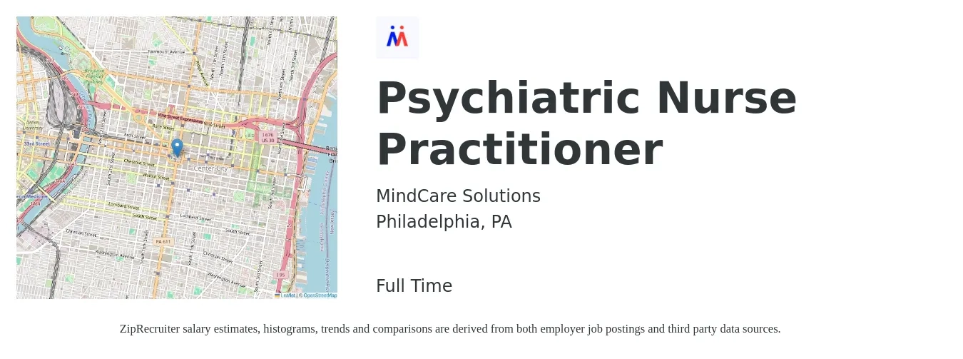 MindCare Solutions job posting for a Psychiatric Nurse Practitioner in Philadelphia, PA with a salary of $121,600 to $155,400 Yearly with a map of Philadelphia location.