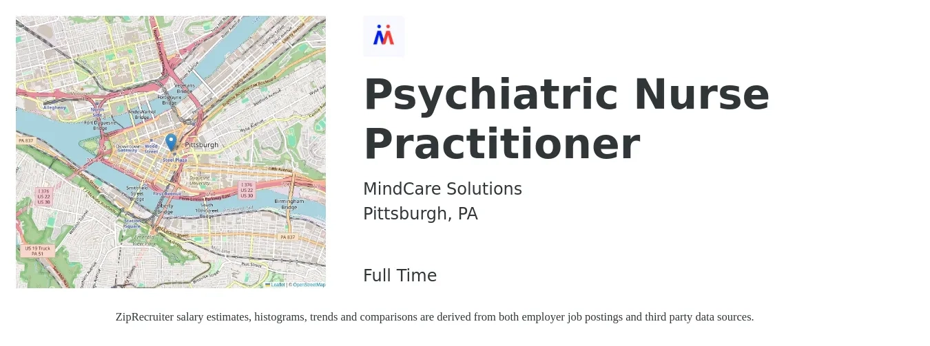 MindCare Solutions job posting for a Psychiatric Nurse Practitioner in Pittsburgh, PA with a salary of $117,000 to $149,500 Yearly with a map of Pittsburgh location.