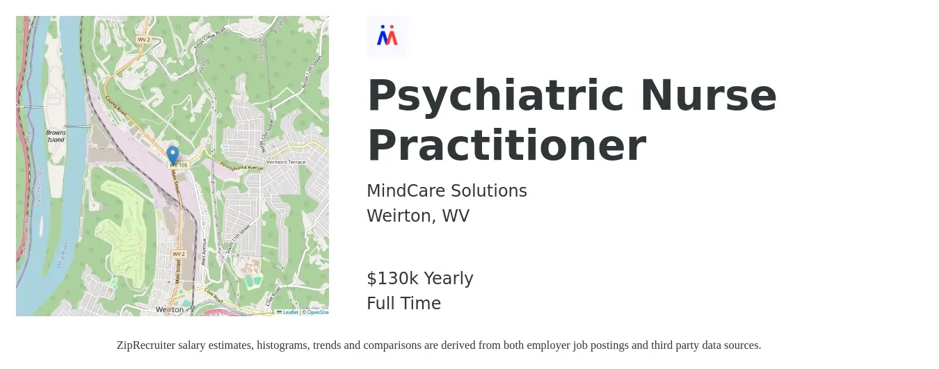 MindCare Solutions job posting for a Psychiatric Nurse Practitioner in Weirton, WV with a salary of $130,000 Yearly with a map of Weirton location.