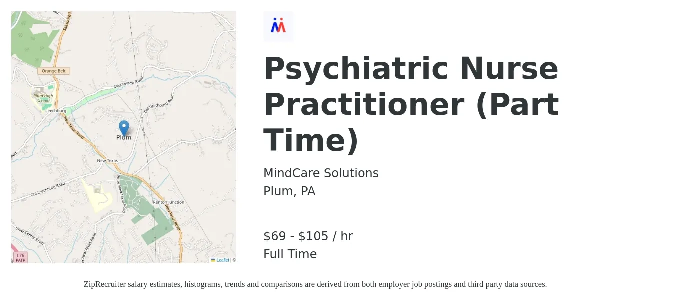 MindCare Solutions job posting for a Psychiatric Nurse Practitioner (Part Time) in Plum, PA with a salary of $72 to $110 Hourly with a map of Plum location.