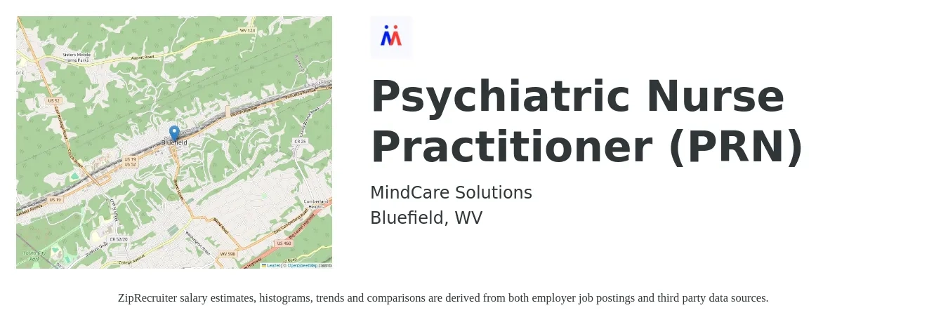 MindCare Solutions job posting for a Psychiatric Nurse Practitioner (PRN) in Bluefield, WV with a salary of $101,500 to $141,000 Yearly with a map of Bluefield location.