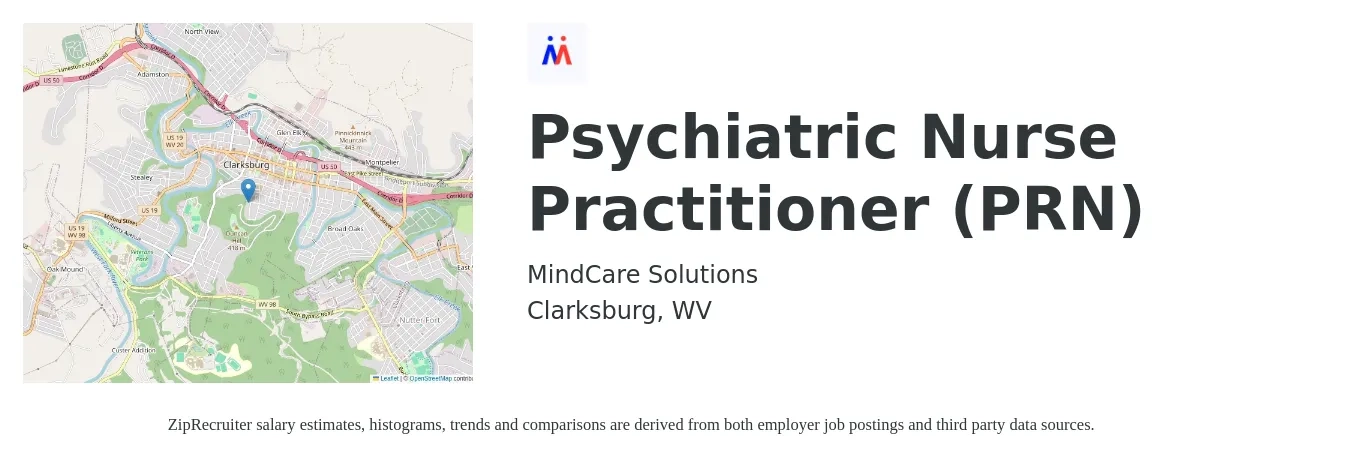 MindCare Solutions job posting for a Psychiatric Nurse Practitioner (PRN) in Clarksburg, WV with a salary of $106,000 to $147,200 Yearly with a map of Clarksburg location.