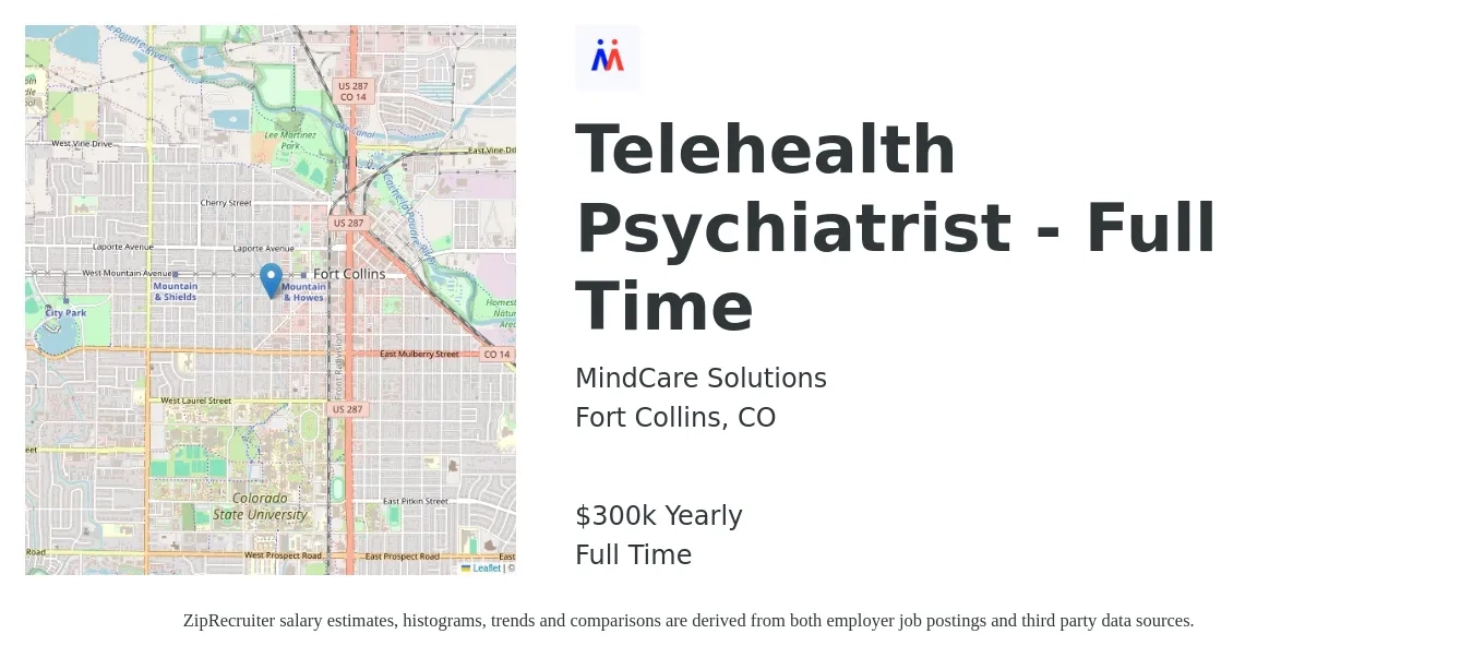 MindCare Solutions job posting for a Telehealth Psychiatrist - Full Time in Fort Collins, CO with a salary of $300,000 Yearly with a map of Fort Collins location.