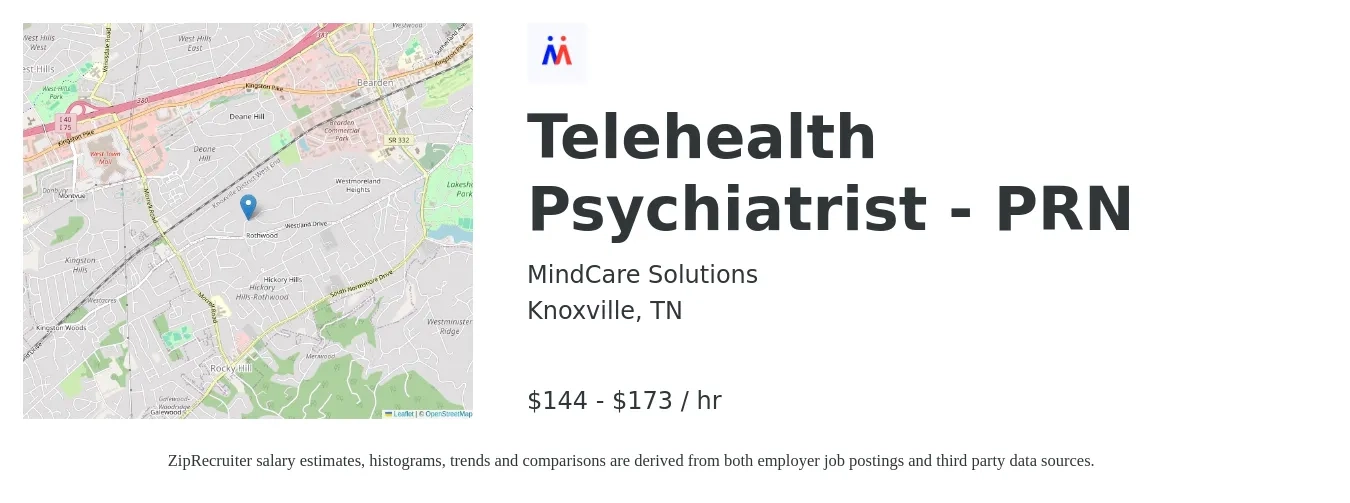 MindCare Solutions job posting for a Telehealth Psychiatrist - PRN in Knoxville, TN with a salary of $150 to $180 Hourly with a map of Knoxville location.
