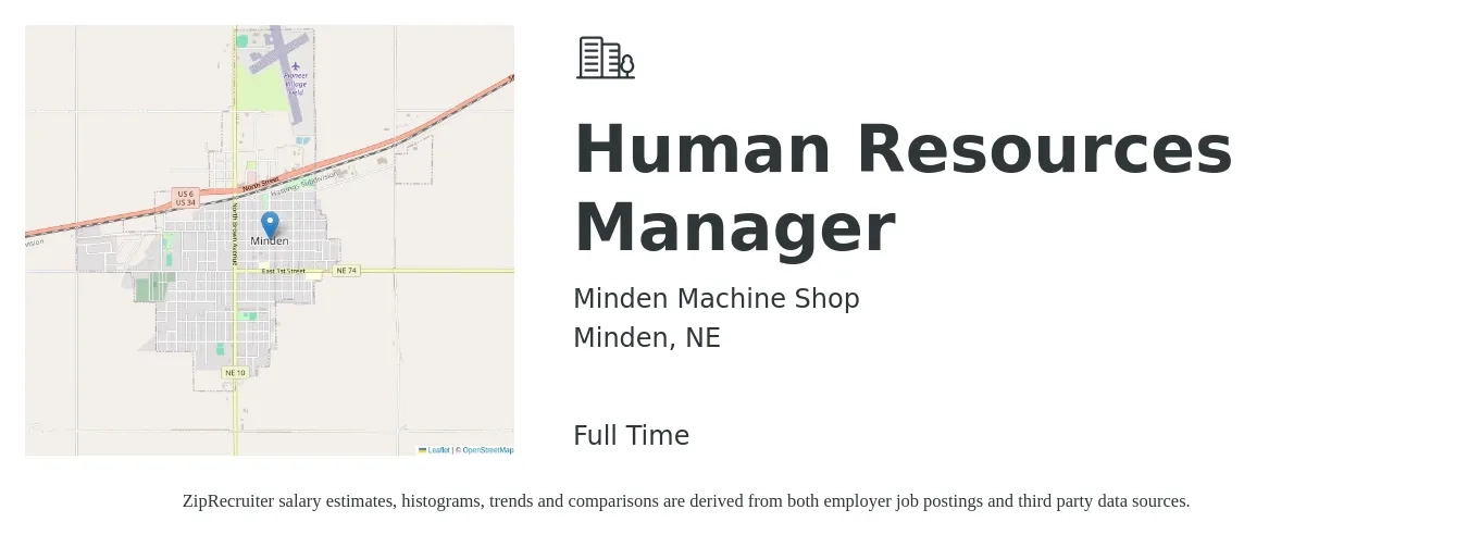 Minden Machine Shop job posting for a Human Resources Manager in Minden, NE with a salary of $62,100 to $90,100 Yearly with a map of Minden location.