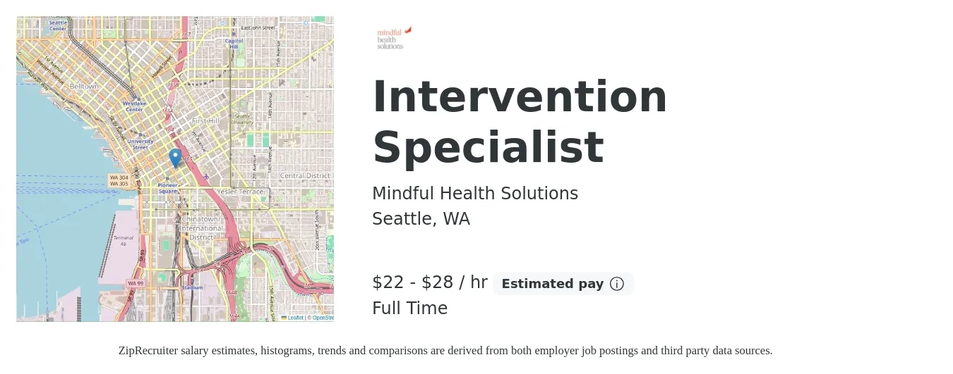 Mindful Health Solutions job posting for a Intervention Specialist in Seattle, WA with a salary of $23 to $25 Hourly with a map of Seattle location.